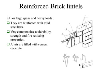 Reinforced Brick lintels
 For large spans and heavy loads .
 They are reinforced with mild
steel bars.
 Very common due to durability,
strength and fire resisting
properties.
 Joints are filled with cement
concrete.
BCT
 