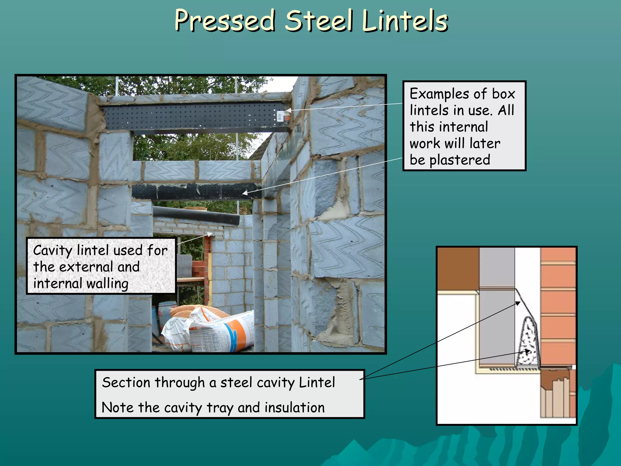 Pressed Steel LintelsPressed Steel Lintels
Examples of box
lintels in use. All
this internal
work will later
be plastered
Cavity lintel used for
the external and
internal walling
Section through a steel cavity Lintel
Note the cavity tray and insulation
 