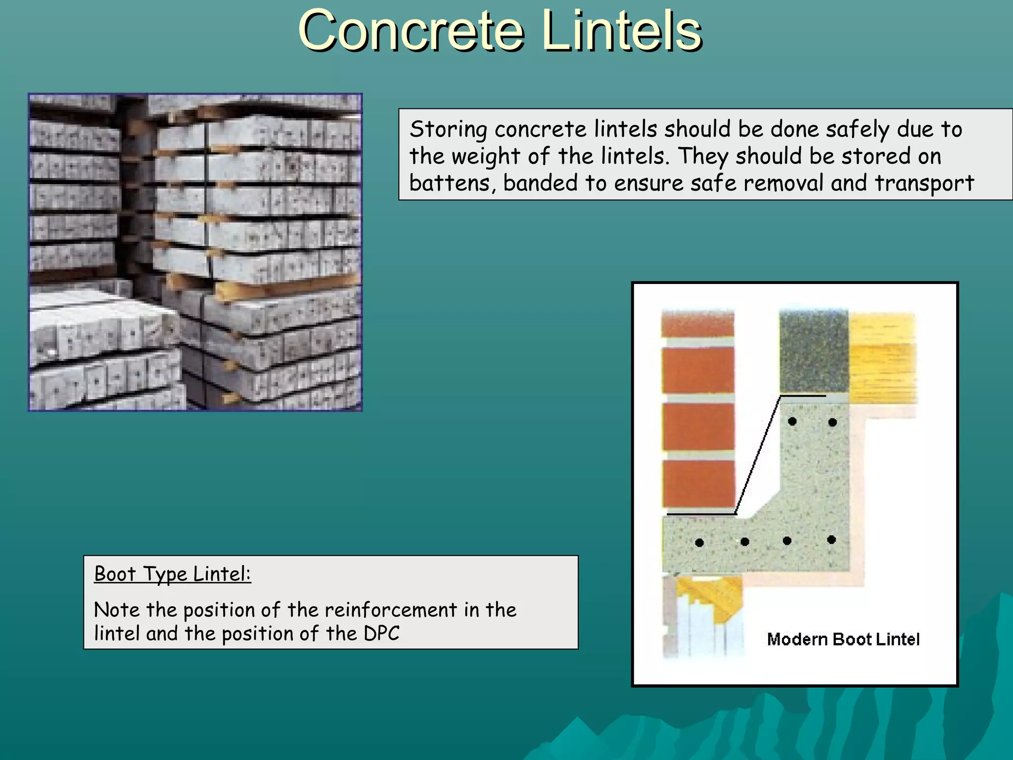 Concrete LintelsConcrete Lintels
Storing concrete lintels should be done safely due to
the weight of the lintels. They should be stored on
battens, banded to ensure safe removal and transport
Boot Type Lintel:
Note the position of the reinforcement in the
lintel and the position of the DPC
 