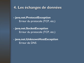 4. Les échanges de données - java.net.ProtocolException Erreur du protocole (TCP, etc.) -  java.net.SocketException Erreur du protocole (TCP, etc.) -  java.net.UnknownHostException Erreur de DNS 