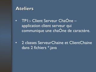 Ateliers TP1:- Client Serveur Chaîne – application client serveur qui communique une chaîne de caractère. 2 classes ServeurChaine et ClientChaine dans 2 fichiers *.java 