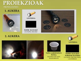 PROIEKZIOAK
PROYECCIONES
LINTERNA
PAPER ILUN BAT
UN PAPEL OSCURO
1. AUKERA
2. AUKERA
LINTERNA
PAPER ILUN BAT
FORMAK EGITEKO
UN PAPEL OSCURO PARA
LAS FORMAS
TAPA GARDENDUN
POTEA
ENVASE CON TAPA
TRASPARENTE
 