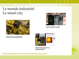 Le monde industriel
Le smart city

http://postscapes.com/internet-of-things-examples/

 