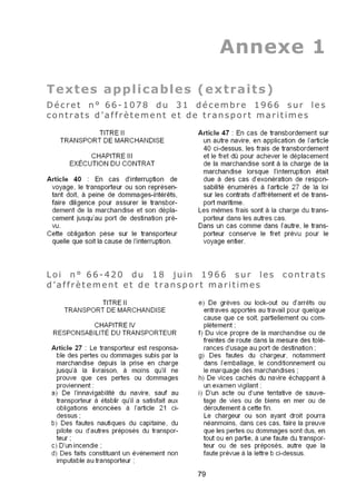 Annexe 1
Textes applicables (extraits)
Décret n° 66-1078 du 31 décembre 1966 sur les
contrats d’affrètement et de transport maritimes
Loi n° 66-420 du 18 juin 1966 sur les contrats
d’affrètement et de transport maritimes
79
 