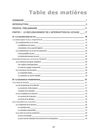 Table des matières
SOMMAIRE _____________________________________________________1
INTRODUCTION _________________________________________________3
PROPOS PRELIMINAIRE ________________________________________11
PARTIE I : LE DECLENCHEMENT DE L’INTERRUPTION DU VOYAGE ____17
A – LA CIRCONSTANCE DE FAIT_______________________________________________ 18
1) L’EMPECHEMENT POUR LE TRANSPORTEUR _______________________________________________ 18
a) L’empêchement sur le navire____________________________________________________ 19
La défaillance du navire________________________________________________________ 19
L’interdiction d’une autorité légitime ______________________________________________ 19
b) L’empêchement sur le port de destination __________________________________________ 20
L’inaccessibilité du port ________________________________________________________ 21
Le dysfonctionnement du port ___________________________________________________ 22
2) LES IMPLICATIONS SUR L’ACTIVITE DE TRANSPORT __________________________________________ 24
a) Le transport par lignes régulières ________________________________________________ 26
Les rotations désorganisées ____________________________________________________ 27
La suite du voyage compromise _________________________________________________ 28
b) Le transport à la demande______________________________________________________ 29
La rentabilité limitée___________________________________________________________ 30
La restitution du navire retardée _________________________________________________ 30
B – LA DECISION DU TRANSPORTEUR___________________________________________ 31
1) LA PRISE DE DECISION ______________________________________________________________ 31
a) Les fondements de la décision __________________________________________________ 31
La recherche d’informations ____________________________________________________ 31
L’analyse de la situation _______________________________________________________ 32
b) Les modalités de la décision ____________________________________________________ 33
Le moment de la décision ______________________________________________________ 33
La forme de la décision ________________________________________________________ 34
2) LA CONFORMITE DE LA DECISION_______________________________________________________ 35
a) La légitimité de la décision______________________________________________________ 36
Le caractère réel _____________________________________________________________ 36
Le caractère imprévisible_______________________________________________________ 37
b) Le choix du port de substitution __________________________________________________ 39
Le port convenable ___________________________________________________________ 40
Le port comme indicateur de la bonne foi du transporteur _____________________________ 42
81
 