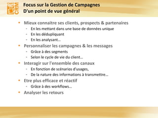 Focus sur la Gestion de Campagnes D'un point de vue général Mieux connaitre ses clients, prospects & partenaires En les mettant dans une base de données unique En les dédupliquant En les analysant… Personnaliser les campagnes & les messages Grâce à des segments Selon le cycle de vie du client… Interagir sur l'ensemble des canaux En fonction de scénarios d'usages, De la nature des informations à transmettre… Etre plus efficace et réactif Grâce à des workflows… Analyser les retours 