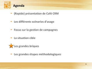 Agenda (Rapide) présentation de Café CRM Les différents scénarios d'usage Focus sur la gestion de campagnes La situation cible Les grandes briques Les grandes étapes méthodologiques 