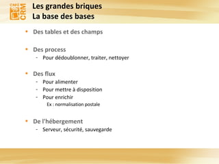 Les grandes briques La base des bases Des tables et des champs Des process Pour dédoublonner, traiter, nettoyer Des flux Pour alimenter  Pour mettre à disposition Pour enrichir Ex : normalisation postale De l'hébergement Serveur, sécurité, sauvegarde 
