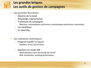 Les grandes briques Les outils de gestion de campagnes Les grandes fonctions (Gestion de la base) Requetage, segmentation Traitement de campagnes  Massives, automatiques synchrones, automatiques asychrones, scénarisées Les workflows Le reporting Les solutions techniques Progiciel installé "in house" Neolane, Unica, Smart Focus Solutions en mode ASP Généralement issues du monde de l'email NP6, emailvision, emailing performance… 