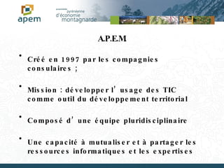A.P.E.M. Créé en 1997 par les compagnies consulaires ; Mission : développer l’usage des TIC comme outil du développement territorial Composé d’une équipe pluridisciplinaire Une capacité à mutualiser et à partager les ressources informatiques et les expertises 