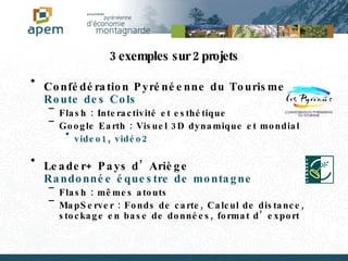 3 exemples sur 2 projets Confédération Pyrénéenne du Tourisme Route des Cols Flash : Interactivité et esthétique Google Earth : Visuel 3D dynamique et mondial video1 ,  vidéo2 Leader+ Pays d’Ariège Randonnée équestre de montagne Flash : mêmes atouts MapServer : Fonds de carte, Calcul de distance, stockage en base de données, format d’export 