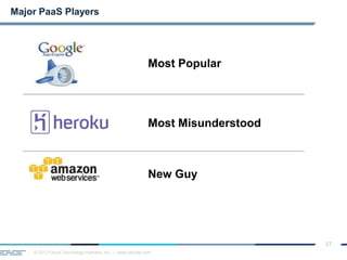 © 2013 Cloud Technology Partners, Inc. / www.cloudtp.com
17
Major PaaS Players
Most Popular
Most Misunderstood
New Guy
 