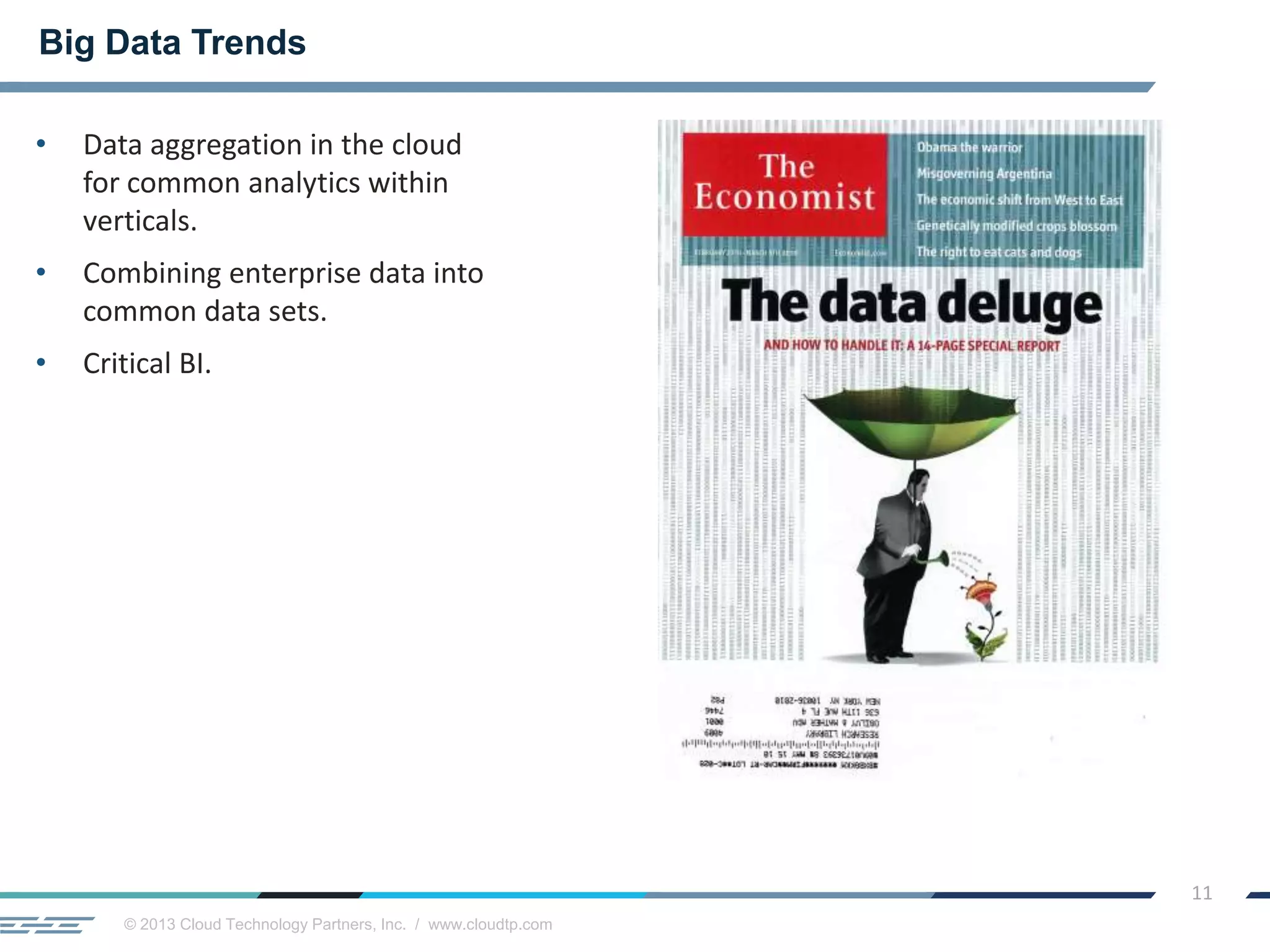 © 2013 Cloud Technology Partners, Inc. / www.cloudtp.com
11
• Data aggregation in the cloud
for common analytics within
verticals.
• Combining enterprise data into
common data sets.
• Critical BI.
Big Data Trends
 