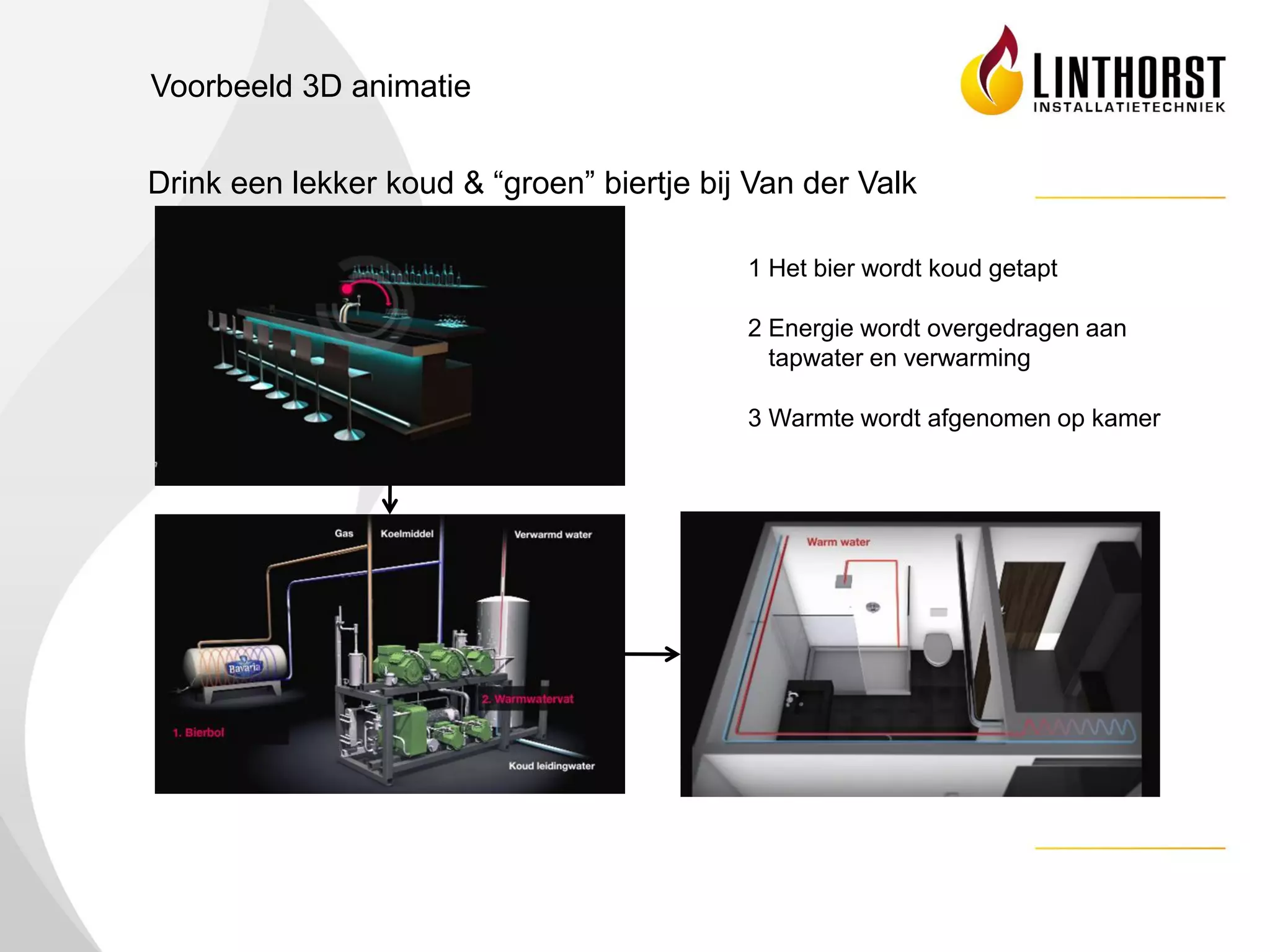 Voorbeeld 3D animatie


Drink een lekker koud & “groen” biertje bij Van der Valk

                                           1 Het bier wordt koud getapt

                                           2 Energie wordt overgedragen aan
                                             tapwater en verwarming

                                           3 Warmte wordt afgenomen op kamer
 