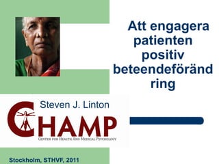 Att engagera
                               patienten
                                positiv
                            beteendeföränd
                                  ring
         Steven J. Linton




Stockholm, STHVF, 2011
 