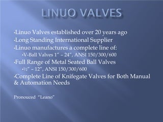 • 
Linuo Valves established over 20 years ago 
• 
Long Standing International Supplier 
• 
Linuo manufactures a completeline of: 
• 
V-Ball Valves 1” –24”,ANSI 150/300/600 
• 
Full Range of Metal Seated Ball Valves 
• 
½” –12”, ANSI 150/300/600 
• 
Complete Line of Knifegate Valves for Both Manual & Automation Needs 
Pronouced“Leano”  