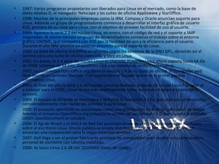 1997: Varios programas propietarios son liberados para Linux en el mercado, como la base de datos Adabas D, el navegador Netscape y las suites de oficina Applixware y StarOffice.  1998: Muchas de la principales empresas como la IBM, Compaq y Oracle anuncian soporte para Linux. Además un grupo de programadores comienza a desarrollar el interfaz gráfica de usuario KDE, primera de su clase para Linux, con el objetivo de proveer facilidad de uso al usuario.  1999: Aparece la serie 2.2 del núcleo Linux, en enero, con el código de red y el soporte a SMP mejorados. Al mismo tiempo un grupo de desarrolladores comienza el trabajo sobre el entorno gráfico GNOME, que competirá con KDE por la facilidad de uso y la eficiencia para el usuario. Durante el año IBM anuncia un extenso proyecto para el soporte de Linux.  2000: La Suite de oficina StarOffice es ofrecida según los términos de la GNU GPL, abriendo así el camino para una Suite de oficina avanzada, y libre en Linux.  2001: En enero, la 2.4 serie del núcleo Linux es liberada. El núcleo Linux ahora soporta hasta 64 Gb de RAM, sistemas de 64 bits, dispositivos USB y un sistema de archivos journaling.  2002: La comunidad OpenOffice.org libera la versión 1.0 de su Suite de oficina. El navegador web libre Mozilla es también liberado. Y en septiembre el Slapper-worm es el primer gusano informático Linux.  2003: Al final del año la serie 2.6 del núcleo Linux es liberada, después de lo cual Linus Torvalds va a trabajar para el OSDL. Linux se usa más extensamente sobre sistemas integrados (embedded system).  2004: El equipo de XFree86 se desintegra y se forma la fundación X.Org, que provoca un desarrollo considerablemente más rápido del servidor X para Linux.  2005: El proyecto openSUSE es comenzado como una distribución libre de la comunidad de Novell. Además el proyecto OpenOffice.org proyecta la versión de lanzamiento 2.0 que soporta al estándar OASIS OpenDocument en octubre.  2006: El Xgl de Novell y el AIGLX de Red Hat permiten el uso de efectos acelerados por hardware sobre el escritorio Linux. Oracle publica su propia distribución de Red Hat. Novell y Microsoft anuncian una cooperación para la mejor interoperabilidad.  2007: Dell llega a ser el primer fabricante principal de computadoras en vender una  computadora personal de escritorio  con Ubuntu instalado.  2008: Se lanzo Linux 2.6.28 con 10195402 líneas de código. 