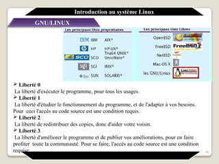 GNU/LINUX
 Liberté 0
La liberté d'exécuter le programme, pour tous les usages.
 Liberté 1
La liberté d'étudier le fonctionnement du programme, et de l'adapter à vos besoins.
Pour ceci l'accès au code source est une condition requis.
 Liberté 2
La liberté de redistribuer des copies, donc d'aider votre voisin.
 Liberté 3
La liberté d'améliorer le programme et de publier vos améliorations, pour en faire
profiter toute la communauté. Pour se faire, l'accès au code source est une condition
requise.
Introduction au système Linux
35
 