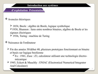  Avancées théoriques
 1854, Boole : algèbre de Boole, logique symbolique
1938, Shannon : liens entre nombres binaires, algèbre de Boole et les
signaux électriques
 1936, Turing : machine de Turing
 Naissance de l'ordinateur
 Fin des années 30/début 40, plusieurs prototypes fonctionnant en binaire
et basés sur logique booléenne
Ex : 1941, Zuse : Z3, calculateur utilisant une technologie électro-
mécanique
 1945, Eckert & Mauchly : ENIAC (Electronical Numerical Integrator
And Calculator)
Introduction aux systèmes
d’exploitation Présentation générale
8
 