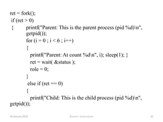 Process apiForkCreate a new child processWaitSuspend execution until a child processes exitsSignalInstall a new signal handlerExecReplace the current process image with a new process image12 January 2010Knowx innovation27
