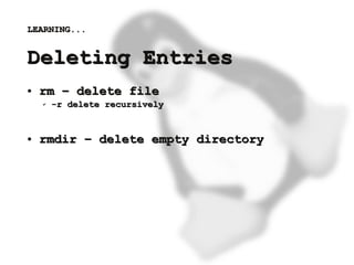 LEARNING...


    Deleting Entries
    ●   rm – delete file
        ✔   -r delete recursively


    ●   rmdir – delete empty directory




                                     
 