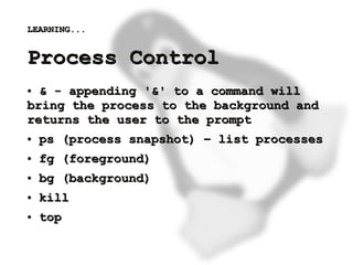 LEARNING...


    Process Control
    ● & - appending '&' to a command will
    bring the process to the background and
    returns the user to the prompt
    ●   ps (process snapshot) – list processes
    ●   fg (foreground)
    ●   bg (background)
    ●   kill
    ●   top

                           
 