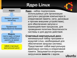 Ядро Linux Ядро  - набор подпрограмм, используемых для организации доступа к ресурсам компьютера ( к оперативной памяти, сети, дисковым и прочим внешним устройствам) , для обеспечения запуска и взаимодействия процессов, для проведения политики безопасности системы и для других действий. Стартовый виртуальный диск   - минимальный набор программ и модулей Linux, необходимый для обеспечения загрузки системы. Представляет собой виртуальную файловую систему в оперативной памяти. Загружается вторичным загрузчиком  вместе  с ядром. ядро Базовое (generic) kernel.org Профильное  (пересобранное базовое) Модули  (части ядра, которые  можно добавлять и  удалять во время работы initrd  (стартовый  виртуальный диск) 