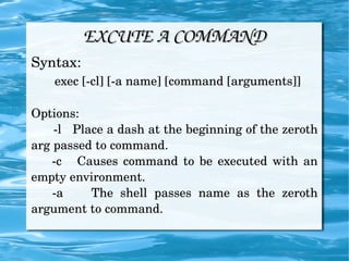 EXCUTE A COMMAND Syntax: exec [-cl] [-a name] [command [arguments]] Options: -l  Place a dash at the beginning of the zeroth arg passed to command. -c  Causes command to be executed with an empty environment. -a  The shell passes name as the zeroth argument to command. 