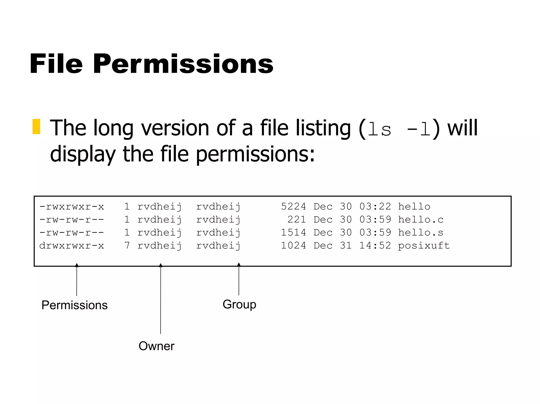File Permissions The long version of a file listing ( ls -l ) will display the file permissions: -rwxrwxr-x  1 rvdheij  rvdheij  5224 Dec 30 03:22 hello -rw-rw-r--  1 rvdheij  rvdheij  221 Dec 30 03:59 hello.c -rw-rw-r--  1 rvdheij  rvdheij  1514 Dec 30 03:59 hello.s drwxrwxr-x  7 rvdheij  rvdheij  1024 Dec 31 14:52 posixuft Permissions Owner Group 