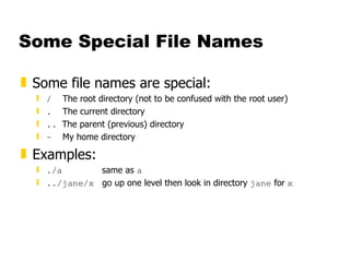 Some Special File Names Some file names are special: /   The root directory (not to be confused with the root user) .   The current directory ..  The parent (previous) directory ~   My home directory Examples: ./a  same as  a ../jane/x   go up one level then look in directory  jane  for  x 