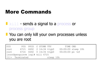 More Commands kill  - sends a signal to a  process  or  process group You can only kill your own processes unless you are root UID  PID  PPID  C STIME TTY  TIME CMD root  6715  6692  2 14:34 ttyp0  00:00:00 sleep 10h root  6716  6692  0 14:34 ttyp0  00:00:00 ps -ef [root@penguinvm log]# kill 6715 [1]+  Terminated  sleep 10h 