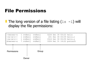 File Permissions The long version of a file listing ( ls -l ) will display the file permissions: -rwxrwxr-x  1 rvdheij  rvdheij  5224 Dec 30 03:22 hello -rw-rw-r--  1 rvdheij  rvdheij  221 Dec 30 03:59 hello.c -rw-rw-r--  1 rvdheij  rvdheij  1514 Dec 30 03:59 hello.s drwxrwxr-x  7 rvdheij  rvdheij  1024 Dec 31 14:52 posixuft Permissions Owner Group 