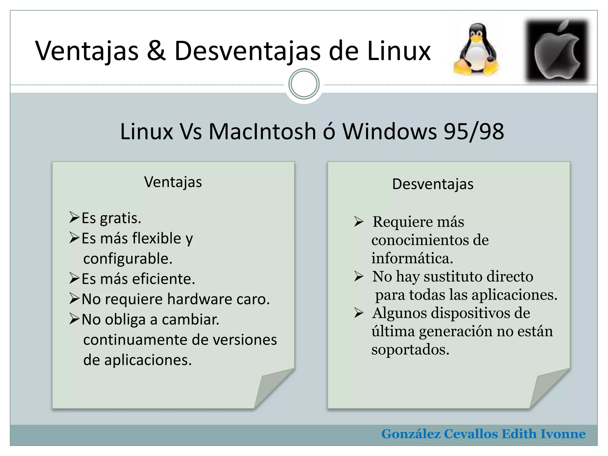 Ventajas & Desventajas de Linux 
Linux Vs MacIntosh ó Windows 95/98 
Ventajas Desventajas 
González Cevallos Edith Ivonne 
Es gratis. 
Es más flexible y 
configurable. 
Es más eficiente. 
No requiere hardware caro. 
No obliga a cambiar. 
continuamente de versiones 
de aplicaciones. 
 Requiere más 
conocimientos de 
informática. 
 No hay sustituto directo 
para todas las aplicaciones. 
 Algunos dispositivos de 
última generación no están 
soportados. 
 