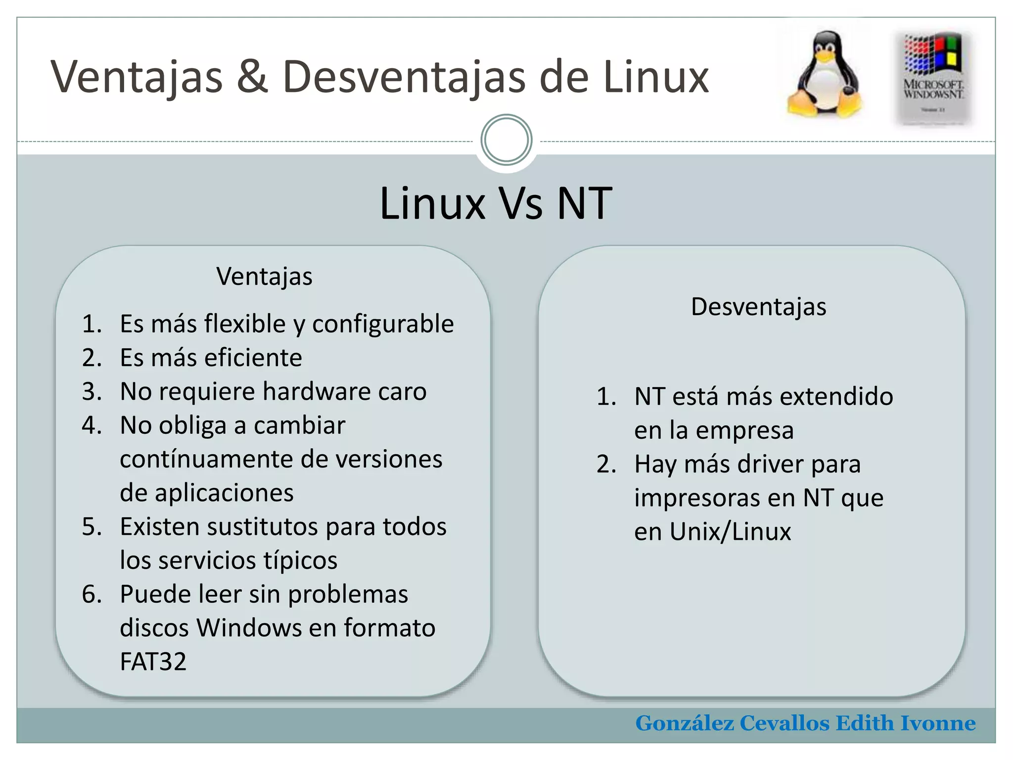 Ventajas & Desventajas de Linux 
González Cevallos Edith Ivonne 
Linux Vs NT 
Ventajas 
Desventajas 
1. Es más flexible y configurable 
2. Es más eficiente 
3. No requiere hardware caro 
4. No obliga a cambiar 
contínuamente de versiones 
de aplicaciones 
5. Existen sustitutos para todos 
los servicios típicos 
6. Puede leer sin problemas 
discos Windows en formato 
FAT32 
1. NT está más extendido 
en la empresa 
2. Hay más driver para 
impresoras en NT que 
en Unix/Linux 
 
