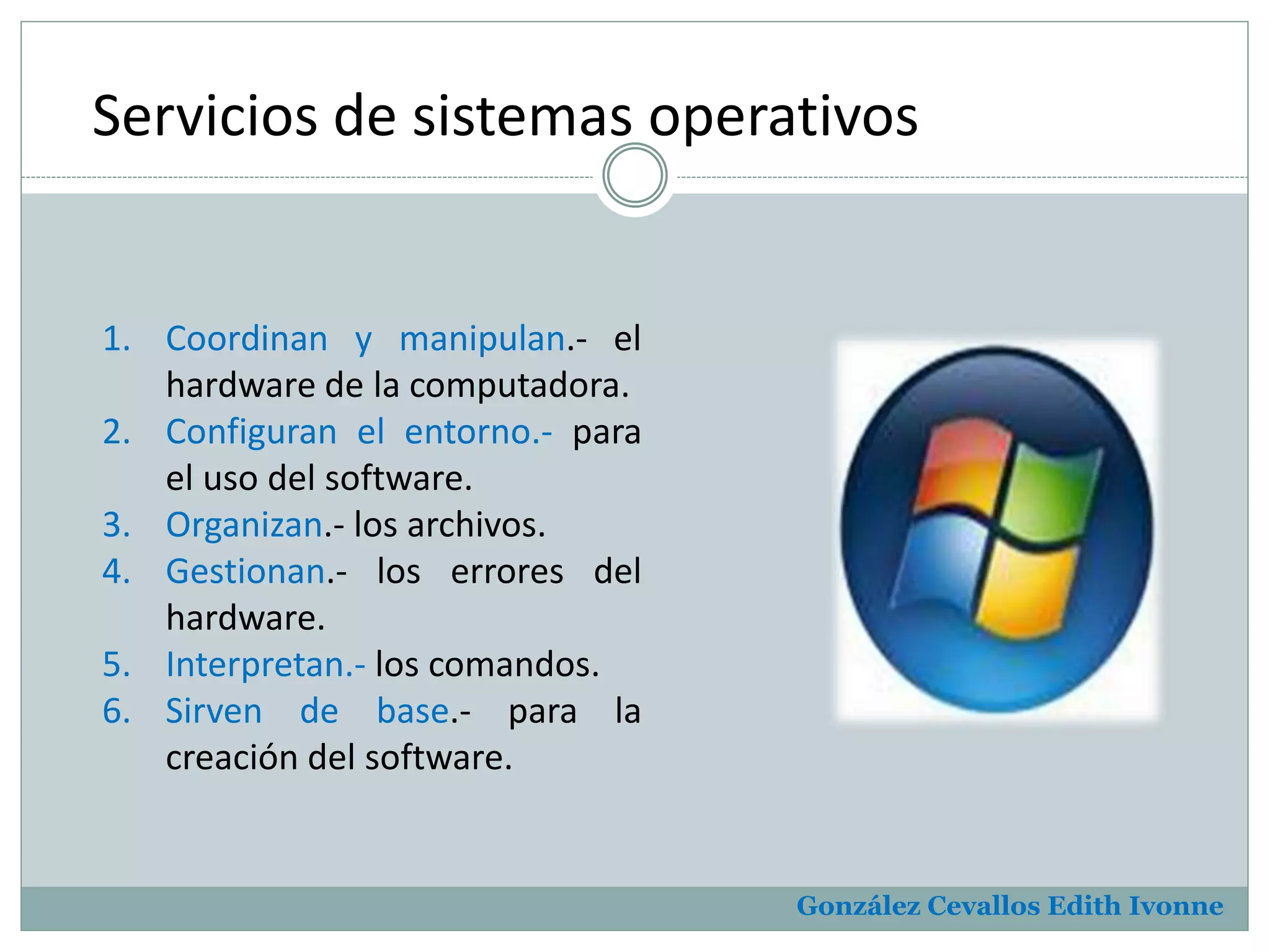 Servicios de sistemas operativos 
González Cevallos Edith Ivonne 
1. Coordinan y manipulan.- el 
hardware de la computadora. 
2. Configuran el entorno.- para 
el uso del software. 
3. Organizan.- los archivos. 
4. Gestionan.- los errores del 
hardware. 
5. Interpretan.- los comandos. 
6. Sirven de base.- para la 
creación del software. 
 