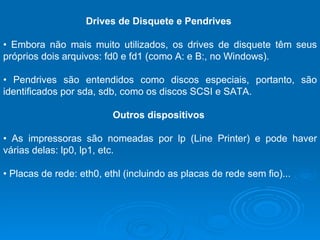Drives de Disquete e Pendrives  •  Embora não mais muito utilizados, os drives de disquete têm seus próprios dois arquivos: fd0 e fd1 (como A: e B:, no Windows).  •  Pendrives são entendidos como discos especiais, portanto, são identificados por sda, sdb, como os discos SCSI e SATA.  Outros dispositivos  •  As impressoras são nomeadas por lp (Line Printer) e pode haver várias delas: lp0, lp1, etc.  •  Placas de rede: eth0, ethl (incluindo as placas de rede sem fio)...  