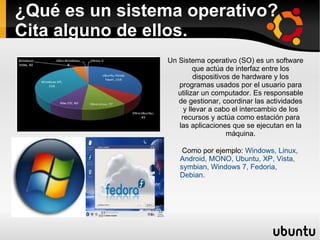 ¿Qué es un sistema operativo?Cita alguno de ellos. Un Sistema operativo (SO) es un software que actúa de interfaz entre los dispositivos de hardware y los programas usados por el usuario para utilizar un computador. Es responsable de gestionar, coordinar las actividades y llevar a cabo el intercambio de los recursos y actúa como estación para las aplicaciones que se ejecutan en la máquina. Como por ejemplo:   Windows, Linux, Android, MONO, Ubuntu, XP, Vista, symbian, Windows 7, Fedoria, Debian. 