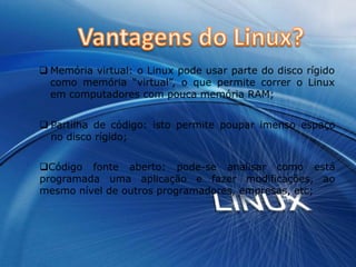 O objectivo inicial era o de fazer um sistema UNIX (sistema operacional usado somente em máquinas de grande porte) para a plataforma Intel com distribuição gratuita, já que um sistema UNIX comercial era muito caro e só é possível de se rodar um sistema assim em computadores de grande porte. Tendo isso em mente LinusTorvalds lançou seu projecto na Internet, convidando programadores do mundo inteiro para desenvolver o Kernel (núcleo básico) do sistema operacional.Vantagens do Linux?É livre: pode-se descarregar o Linux da Internet, pedir uma cópia a um amigo ou ainda comprar uma caixa (o preço paga a caixa e os manuais);