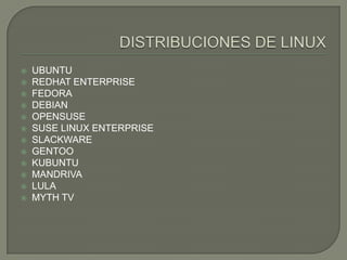    UBUNTU
   REDHAT ENTERPRISE
   FEDORA
   DEBIAN
   OPENSUSE
   SUSE LINUX ENTERPRISE
   SLACKWARE
   GENTOO
   KUBUNTU
   MANDRIVA
   LULA
   MYTH TV
 