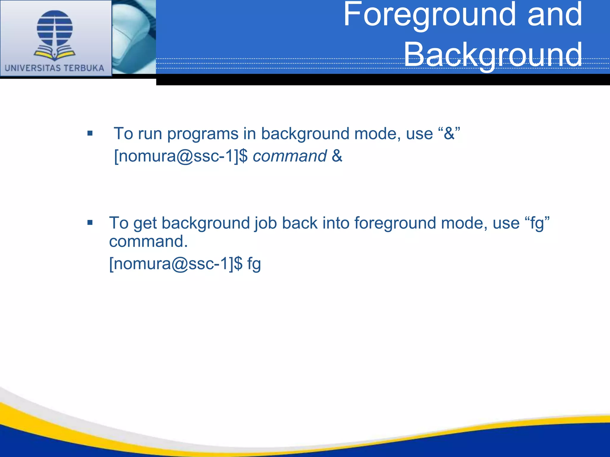 Foreground and
                                    Background

   To run programs in background mode, use “&”
    [nomura@ssc-1]$ command &


 To get background job back into foreground mode, use “fg”
  command.
  [nomura@ssc-1]$ fg
 