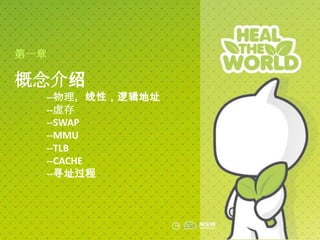 第一章

概念介绍
  --物理，线性，逻辑地址
  --虚存
  --SWAP
  --MMU
  --TLB
  --CACHE
  --寻址过程
 