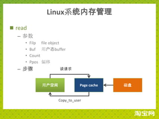 Linux系统内存管理
 read
   – 参数
    •   Filp file object
    •   Buf 用户态buffer
    •   Count
    •   Ppos 偏移
  – 步骤               读请求



             用户空间              Page cache   磁盘


                    Copy_to_user
 