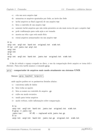Capítulo 3. Comandos                                            3.2. Comandos e utilitários básicos


     -c  cria um novo arquivo tar
     -h  armazena os arquivos apontados por links, ao invés dos links
     -r  inclui arquivos ao nal (append ) de um arquivo tar
     -t  lista o conteúdo de um arquivo tar
     -u  somente inclui arquivos que não estão presentes ou são mais novos do que o arquivo tar
     -w  pede conrmação para cada ação a ser tomada
     -v  mostra na tela o que está sendo feito
     -x  extrai arquivos armazenados em um arquivo tar

 $ ls
 arq1.txt arq2.txt hard.txt original.txt simb.txt
 $ tar -cvf junto.tar arq*.txt
 arq1.txt
 arq2.txt
 $ ls
 arq1.txt arq2.txt hard.txt junto.tar original.txt                simb.txt
 $

   A m de reduzir o espaço ocupado no disco, o uso da compactação deste arquivo se torna útil e
eciente. Para esta tarefa usamos o comando gzip.

gzip : compactador de arquivos mais usado atualmente em sistemas UNIX

     Sintaxe: gzip [opções] arquivo ,

     onde opções podem ser os parâmetros listados abaixo:
     -c  concatena saída de dados
     -h  lista todas as opções
     -l  lista os nomes no conteúdo do arquivo .gz
     -r  exibe em modo recursivo
     -t  usado para testar arquivos
     -v  modo verbose, exibe informações sobre compactação.

      $ ls
      arq1.txt arq2.txt hard.txt junto.tar original.txt simb.txt
      $ gzip -v junto.tar
      junto.tar:       97.6% -- replaced with junto.tar.gz
      $ ls
      arq1.txt arq2.txt hard.txt junto.tar.gz original.txt simb.txt




Universidade Federal Fluminense                   32                                   PETTELE)))
 
