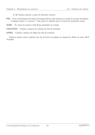 Capítulo 5. Manipulação de variáveis                                  5.8. Variáveis do sistema


        • W Contém somente o nome do diretório corrente.

PS2  Esta é denominada Secondary Prompting String. Ela armazena a string do prompt secundário.
     O padrão usado é o caracter . Mas pode ser mudado para os caracteres mostrados acima.

MAIL  É o nome do arquivo onde cam guardados os e-mails.
COLUMNS  Contém o número de colunas da tela do terminal.
LINES  Contém o número de linhas da tela do terminal.

   Existem muitas outras variáveis que são descritas na página do manual do Bash, na seção Shell
Variables.




Universidade Federal Fluminense               64                                    PETTELE)))
 