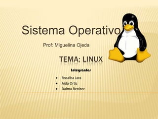 Sistema Operativo
   Prof: Miguelina Ojeda


          TEMA: LINUX
                Integrantes
           Rosalba Jara
           Aida Ortiz
           Dalma Benitez
 