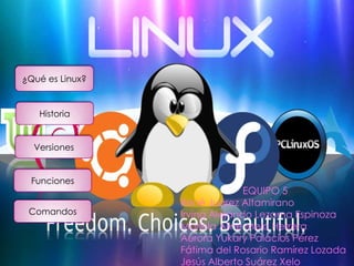 ¿Qué es Linux?

Historia

Versiones

Funciones
Comandos

EQUIPO 5
René Juárez Altamirano
Irving Alejando Lezama Espinoza
Mariela Aline Melo Herrera
Aurora Yukary Palacios Pérez
Fátima del Rosario Ramírez Lozada
Jesús Alberto Suárez Xelo

 