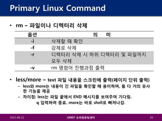 Primary Linux Command
• rm – 파일이나 디렉터리 삭제
옵션
-i
-f
-r
-v

의

미

삭제할 때 확인
강제로 삭제
디렉터리 삭제 시 하위 디렉터리 및 파일까지
모두 삭제
rm 명령어 진행과정 출력

• less/more – text 파일 내용을 스크린에 출력(페이지 단위 출력)
– less와 more는 내용이 긴 파일을 확인할 때 용이하며, 둘 다 거의 유사
한 기능을 제공
– 차이점: less는 파일 끝에서 END 메시지를 보여주며 기다림.
q 입력하여 종료. more는 바로 shell로 빠져나감.

2013-08-21

UNIST 슈퍼컴퓨팅센터

24

 