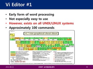 Vi Editor #1
•
•
•
•

Early form of word processing
Not especially easy to use
However, exists on all UNIX/LINUX systems
Approximately 100 commands

2013-08-21

UNIST 슈퍼컴퓨팅센터

39

 