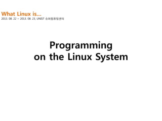 What Linux is…

2013. 08. 22 ~ 2013. 08. 23, UNIST 슈퍼컴퓨팅센터

Programming
on the Linux System

 