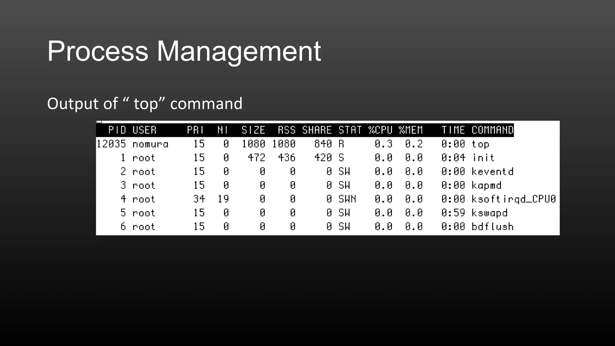 Process Management
Output of “ top” command

 